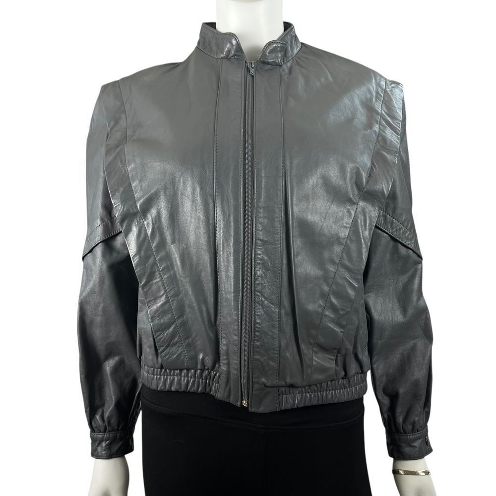 Vintage 80s Bermans Gray Leather Bomber Moto Jacket Faux Fur Liner Womens 8